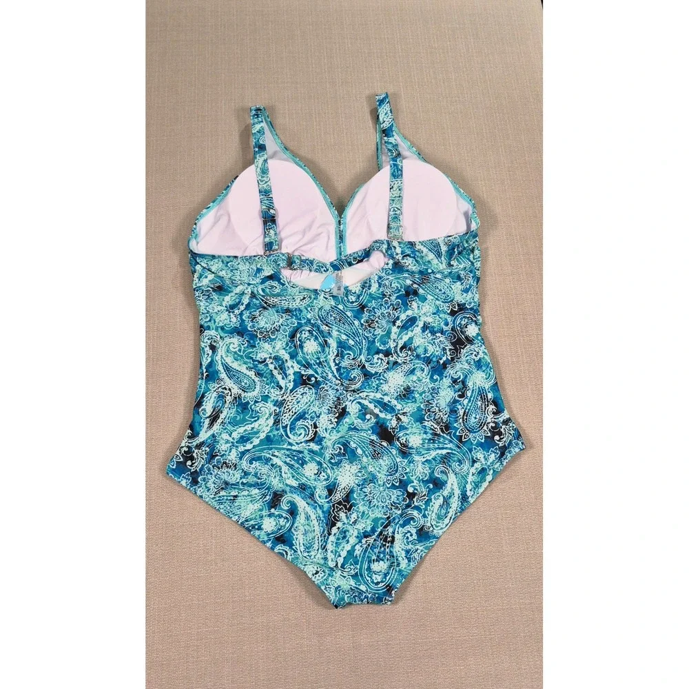 Yonique Women Plus Size 20W Teal Paisley Ruched Tummy Control One Piece Swimsuit